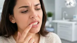 Mulher com dor e inflamação na gengiva, tocando a região com o dedo, indicando possível gengivite.