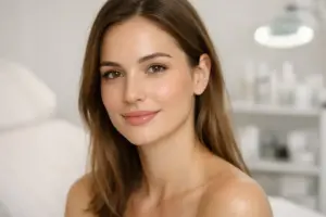 Mulher com pele uniforme e contornos faciais equilibrados, representando resultado natural de harmonização facial.