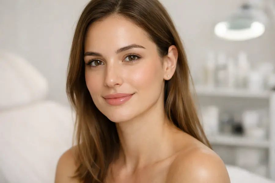Mulher com pele uniforme e contornos faciais equilibrados, representando resultado natural de harmonização facial.